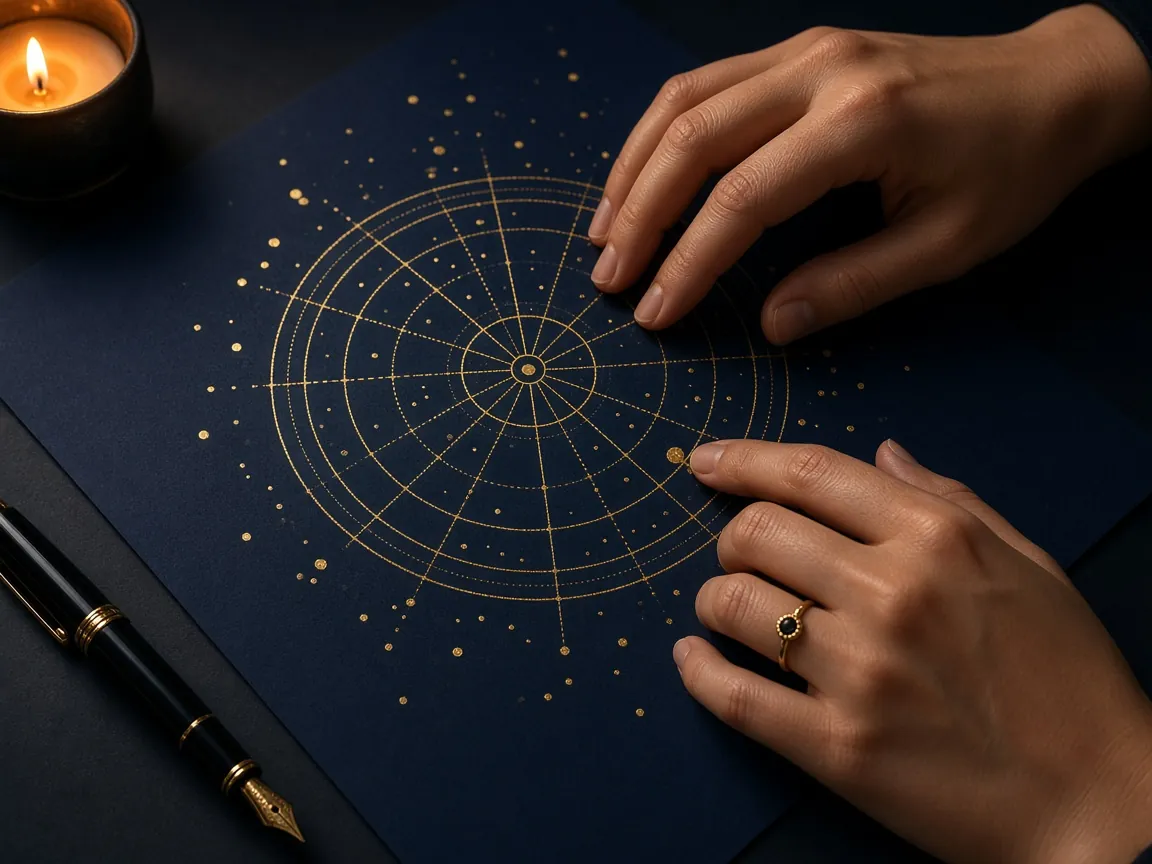 Des mains suivent une roue astrologique dorée dessinée sur papier bleu nuit