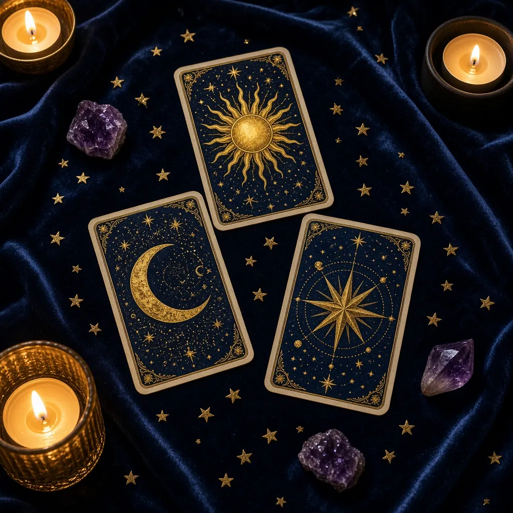 Trois cartes illustrées de soleil, lune et étoile sur du velours bleu nuit, entre des bougies