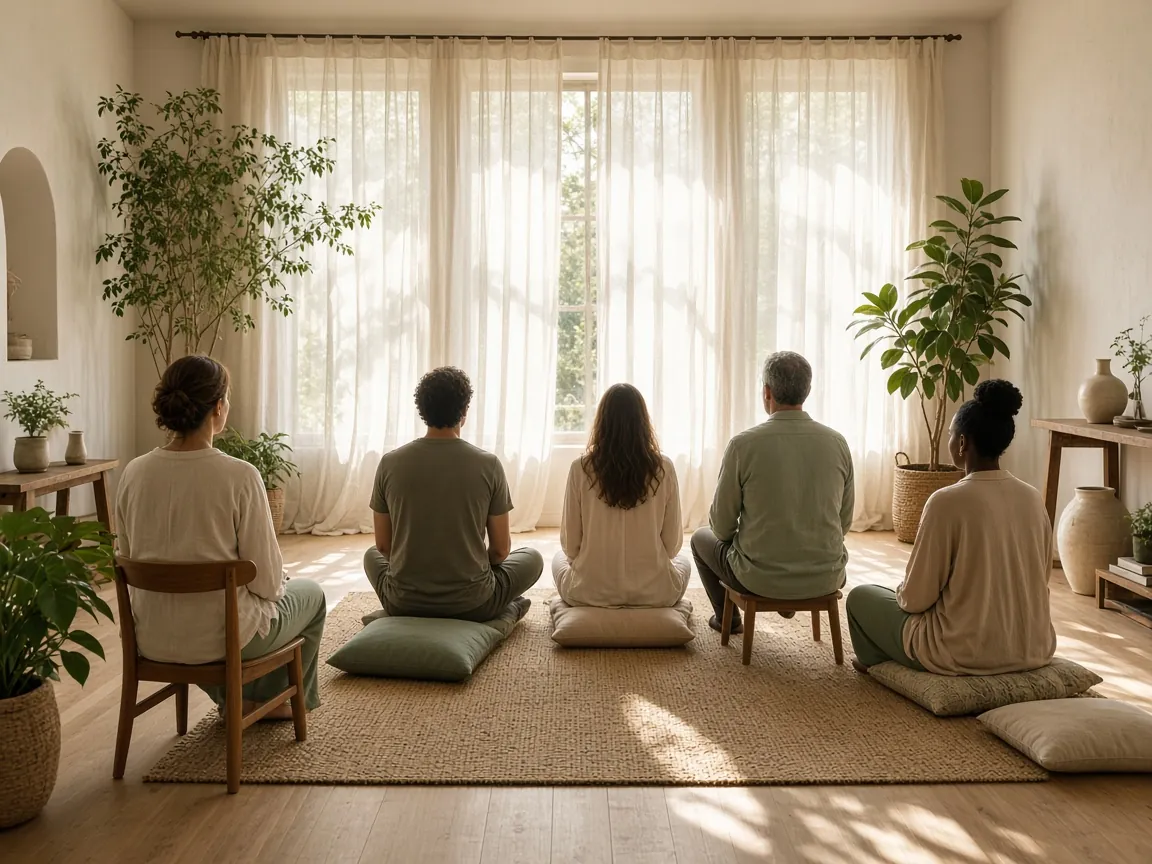 Petit groupe assis de dos, yeux fermés, pendant un atelier de relaxation