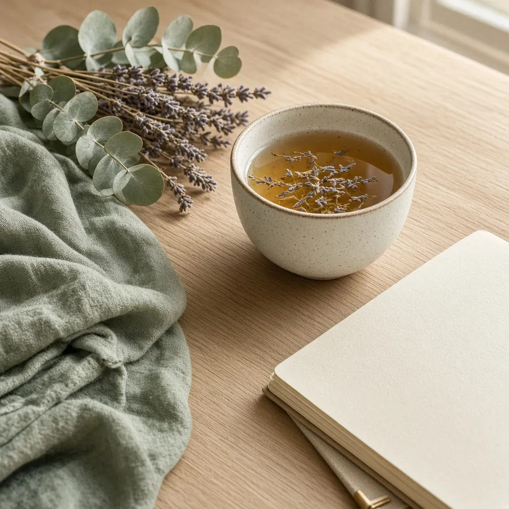Tasse de tisane, lavande et eucalyptus séchés, plaid vert sauge et carnet