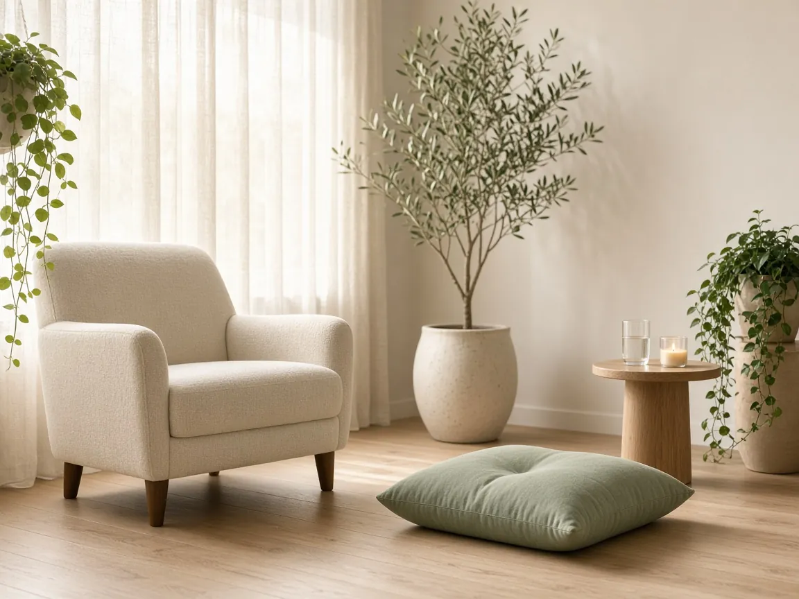 Cabinet de sophrologie lumineux : fauteuil crème, coussin vert sauge, olivier et voilages