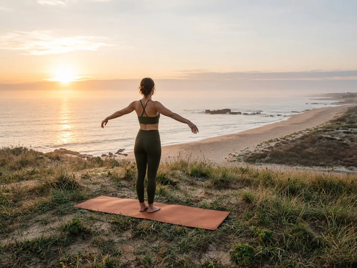 Une femme de dos pratique le yoga au lever du soleil sur une colline face à l'océan
