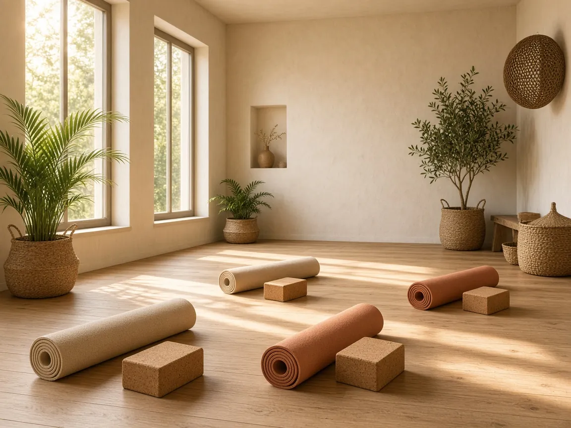 Le studio : parquet clair, tapis roulés terracotta et sable, briques en liège et plantes