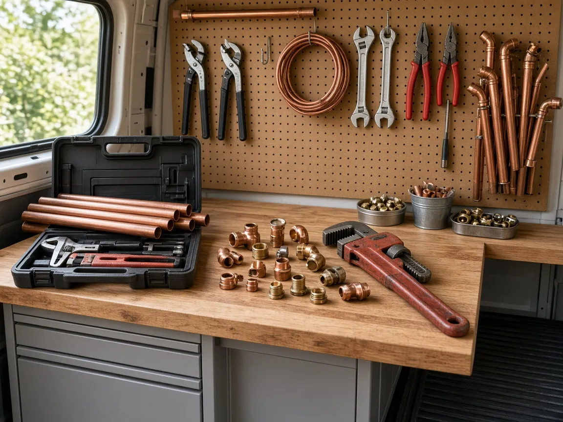 Établi de plombier avec outils et raccords en cuivre bien rangés