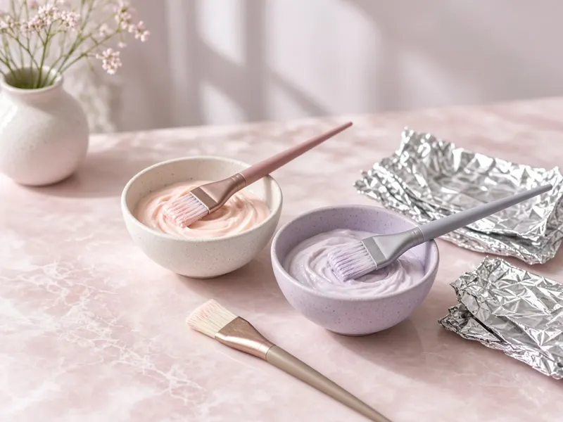 Bols de coloration et pinceaux sur marbre rose
