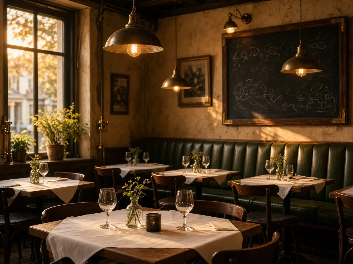 Salle de bistrot chaleureuse, tables nappées et banquettes vertes