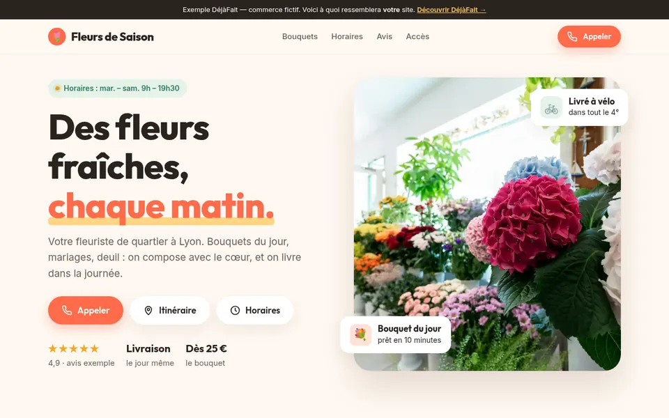 Aperçu du site exemple d'un fleuriste fictif